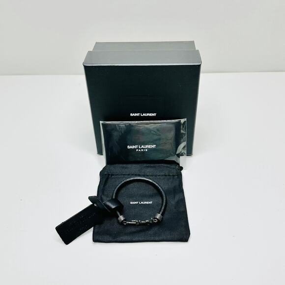 Saint Laurent Opyum Men's Embellished Textured Leather Silver Tone Bracelet NIB - Picture 5 of 8